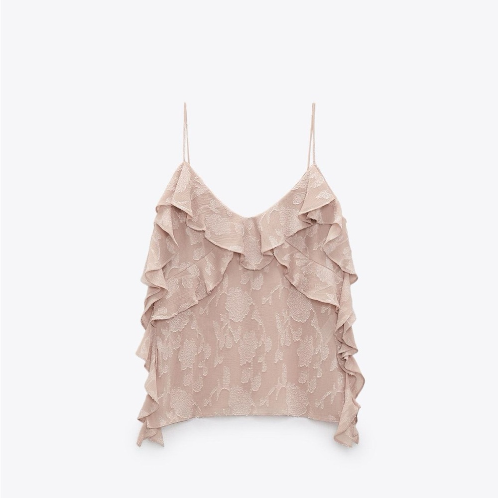 Zara Ruffle Floral Jacquard Top XS NWT